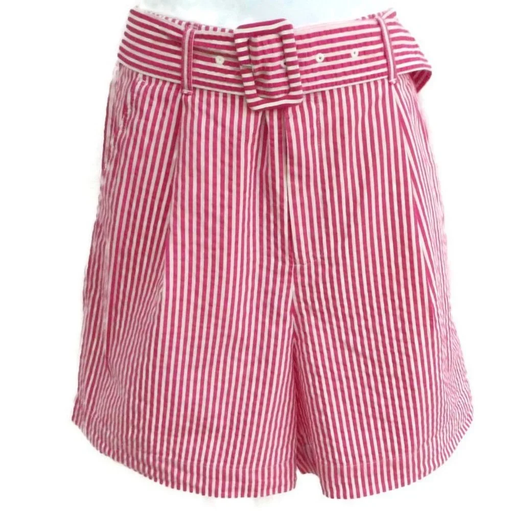Vintage Style Shorts Red White Candy Stripe High Waist Pockets Wide Leg Pleats